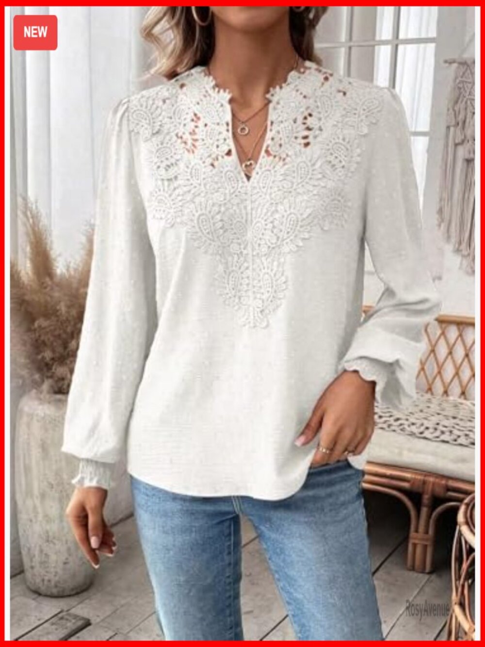 Women's Swiss Dot Long Sleeve Blouse V Neck Flowy Lace Hem Boho Tunic Top - Picture 2 of 7
